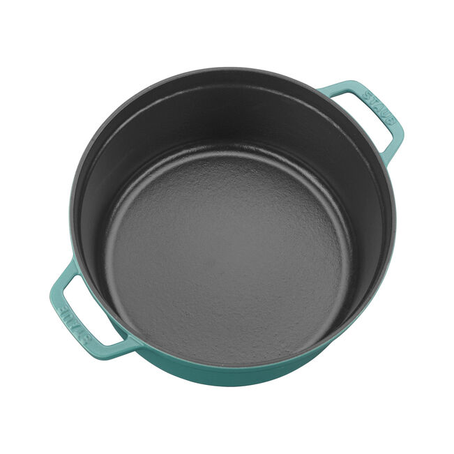 Staub | Round Cocottes - 5.5 qt Turquoise: Enameled cast-iron pot with loop handles, featuring a self-basting lid, perfect for versatile cooking.