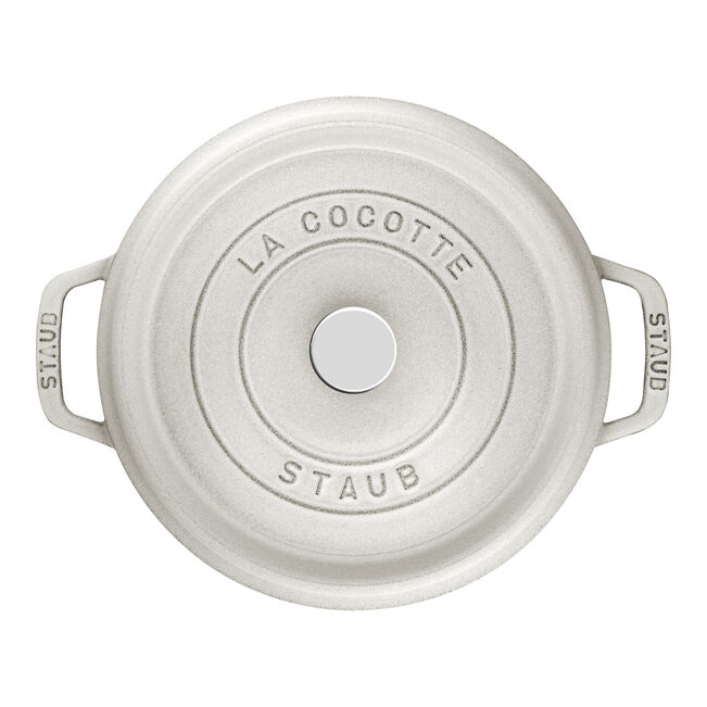 Staub | Round Cocottes - 5.5 qt White Truffle: Top-down view of cast-iron Dutch oven with lid and handles engraved with Staub and La Cocotte.