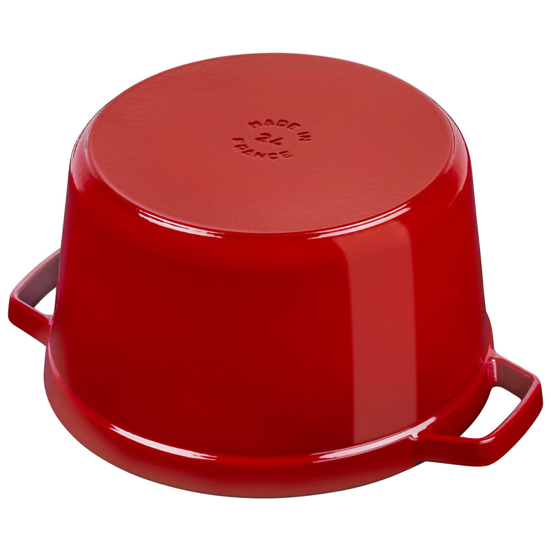 Staub 5 Qt Deep Round Cocotte - Grenadine, designed for large meals, ideal for slow-cooking and searing, featuring a tall, cast iron design with a tight-fitting lid.