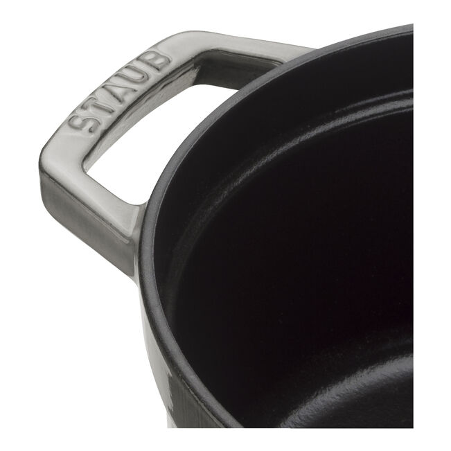 Staub | Round Cocottes - 5.5 qt Graphite, featuring enameled cast-iron with STAUB logo on handle, perfect for braising and roasting.