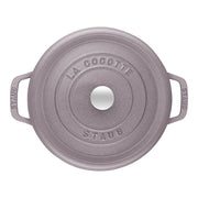 Staub | Round Cocottes - 5.5 qt Lilac, top view showing embossed lid and knob, ideal for braising and roasting, available at Athens Cooks.