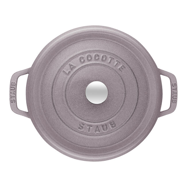 Staub | Round Cocottes - 5.5 qt Lilac, top view showing embossed lid and knob, ideal for braising and roasting, available at Athens Cooks.