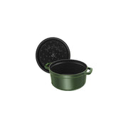Staub | Round Cocottes - 7 qt Basil, a forest-green enameled cast-iron Dutch oven with a self-basting lid, ideal for braising and slow-cooked meals.