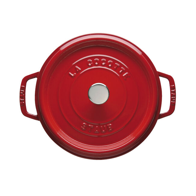 Staub | Round Cocottes - 4 qt Cherry, red enameled-cast-iron Dutch oven with lid, features self-basting spikes and matte black interior, ideal for slow-cooking.