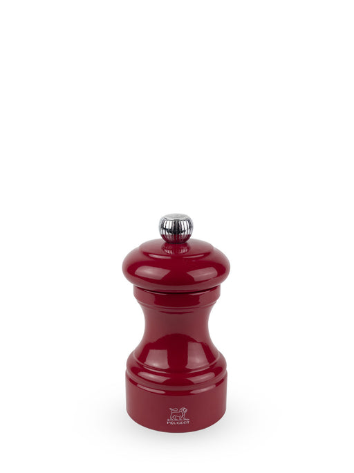 Peugeot | Bistro Salt Mill, Passion Red, features a glossy finish and adjustable metallic knob, showcasing Peugeot's iconic lion logo at the base.