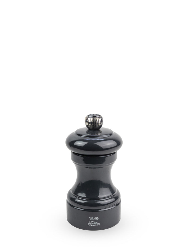 Peugeot | Bistro Pepper Mill 4 Inches, Slate Grey: Classic hand-turned grinder with a glossy black finish and adjustable metal knob for precise pepper grinding.