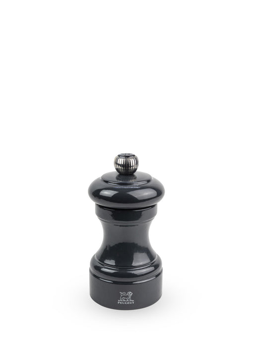 Peugeot | Bistro Pepper Mill 4 Inches, Slate Grey: Classic hand-turned grinder with a glossy black finish and adjustable metal knob for precise pepper grinding.