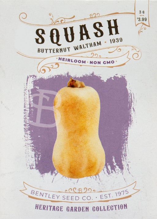 Bentley Seed Co. - Squash-Butternut Waltham 1939 seed packet; heirloom, non-GMO variety, ideal for soups and casseroles, part of the “Heritage Garden Collection”.