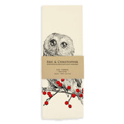 Eric & Christopher - Winter Owl Tea Towel, 100% cotton, featuring a detailed owl and red berries, screen-printed and sewn in Bucks County, Pennsylvania, 28x28 inches.