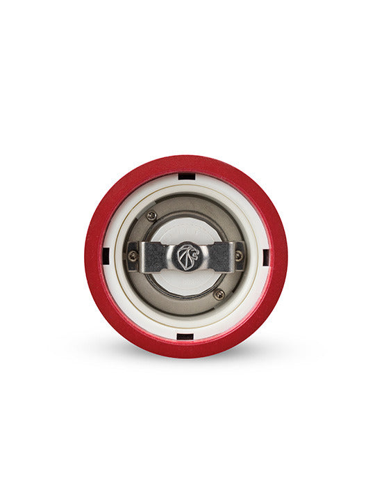 Peugeot | Paris u'Select Wooden Salt Mill, Passion Red, featuring a vibrant red shell and precision Zirconia mechanism for fine salt, viewed top-down.