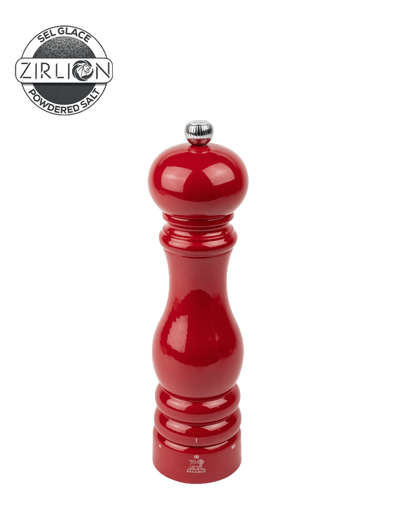 Peugeot | Paris Chef u'Select Passion Red Salt Mill, 9 inches, featuring an hourglass shape, metal adjustment knob, and Zirconia mechanism for fine powdered salt.