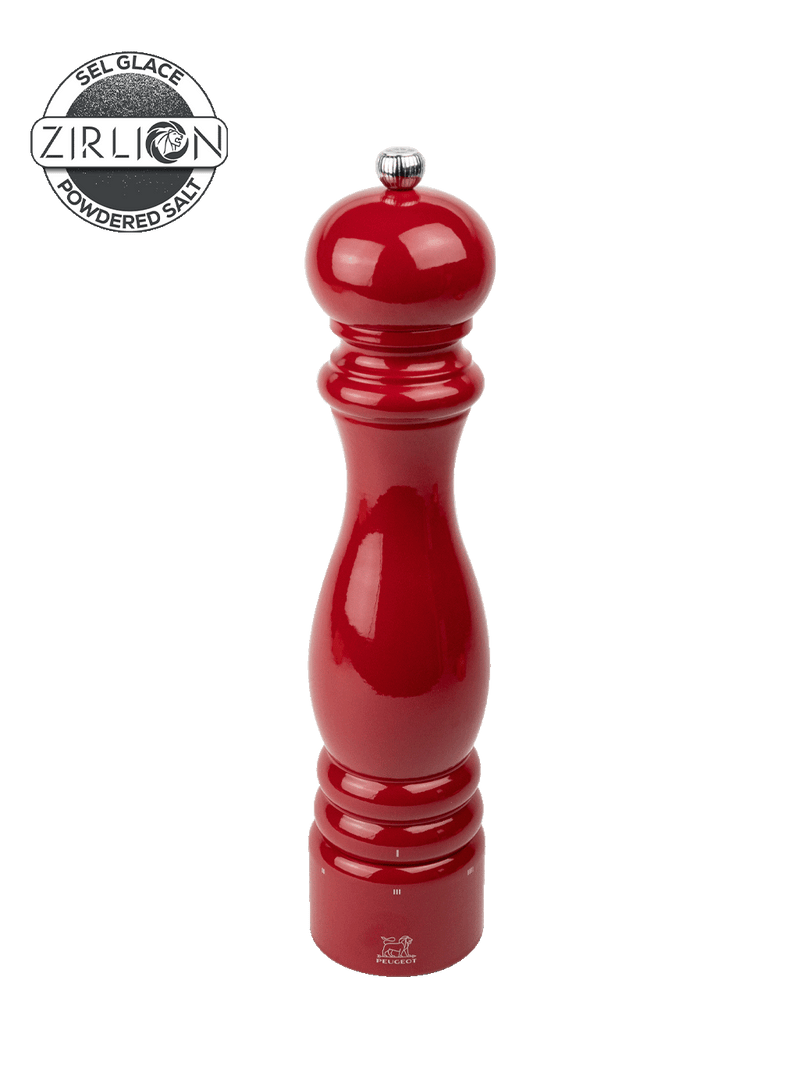 Peugeot | Paris Chef u'Select Passion Red Salt Mill, 12 inches. Glossy red wood with metal knob, featuring u'Select grind system for precise seasoning.
