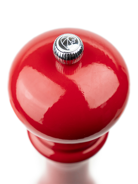 Peugeot Paris u'Select Wooden Salt Mill, Passion Red, featuring a shiny metal knob for adjusting grind coarseness, designed for precise seasoning with a bold style.