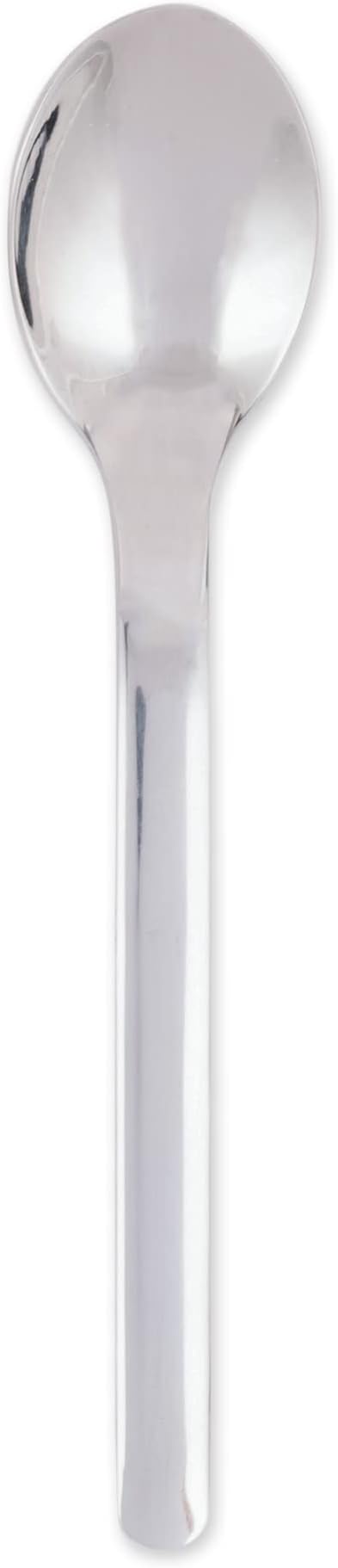 Close-up of the RSVP Endurance New York Demi Spoon, a sleek 4.5-inch stainless steel utensil, ideal for espresso, tea, or desserts.