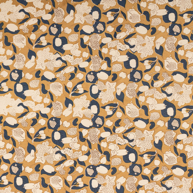 Couleur Nature - Forest Harvest Mustard & Blue tablecloth: 71 x 106, featuring hand-printed fruit and foliage pattern on ochre, crafted from 100% cotton by artisans in Jaipur.
