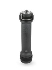 Peugeot BBQ Pepper Mill Graphite, 12 inches: A tall, cylindrical wooden spice grinder with a handle, built-in light, and Peugeot lion logo for outdoor cooking enthusiasts.
