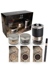 Peugeot Maestro Pepper Bar set with peppermill, three glass jars, three pepper sachets, refill pen, and presentation box from Athens Cooks kitchen store.