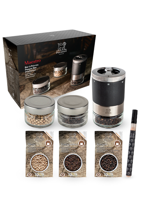 Peugeot Maestro Pepper Bar set with peppermill, three glass jars, three pepper sachets, refill pen, and presentation box from Athens Cooks kitchen store.