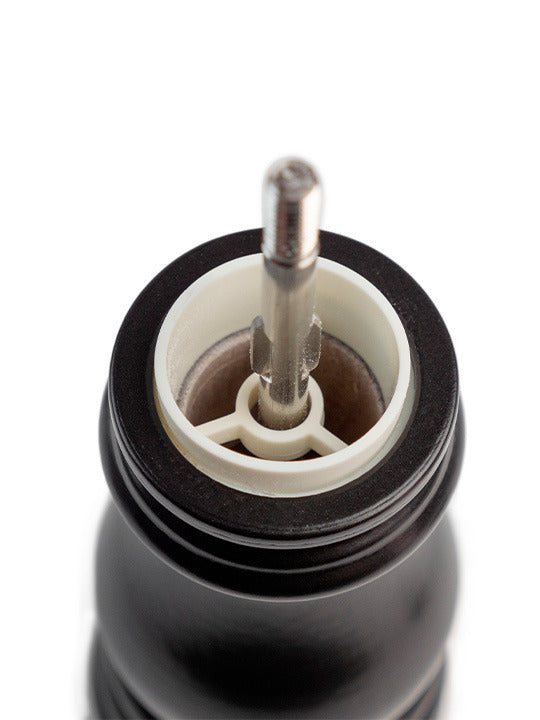 Close-up of Peugeot | Paris Satin Black u'Select Pepper Mills' inner mechanism, showcasing its durable Zirconia grinding system and adjustable grind settings for precise salt grinding.
