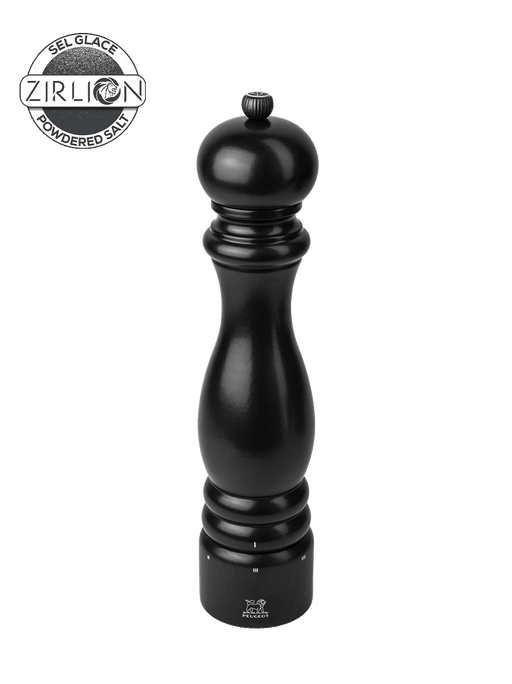Peugeot | Paris Satin Black u'Select Salt Mill, 12 inches, features a classic design with an adjustable grind knob, showcasing the Peugeot lion emblem at its base.