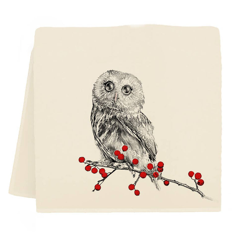 Eric & Christopher - Winter Owl Tea Towel featuring a black-ink sketch of an owl on a branch with red berries, crafted from pre-shrunk flour sack cotton.