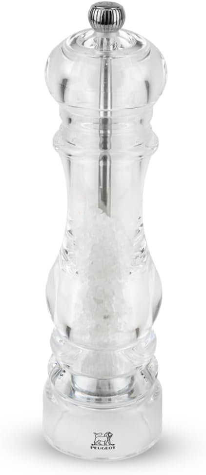 Peugeot | Paris Nancy Salt Mill, 9 Inches: Clear acrylic design showcasing coarse salt, adjustable coarseness knob on top. Ideal for kitchen enthusiasts, from Athens Cooks.