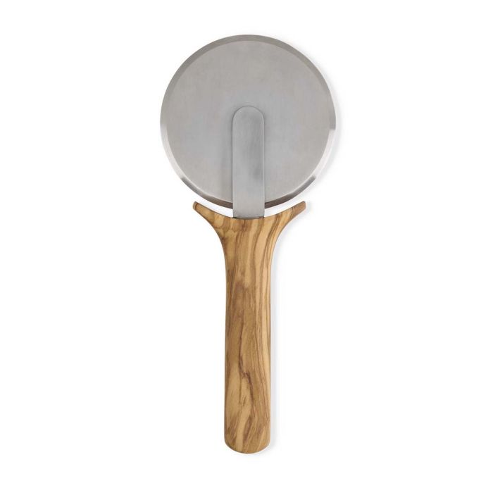 Olivewood Pizza Wheel with a smooth wooden handle, ideal for slicing pizzas, reflecting Athens Cooks' curated kitchen tool selection.