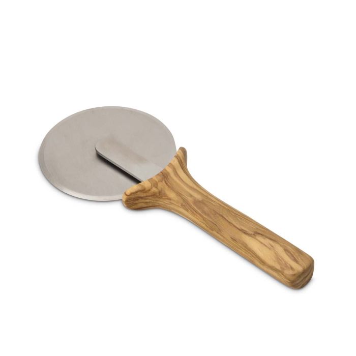 Olivewood Pizza Wheel with a wooden handle from Athens Cooks, designed for precise slicing. Ideal for culinary enthusiasts seeking quality kitchen tools.