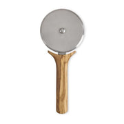 Olivewood Pizza Wheel featuring a sleek blade and wooden handle, ideal for slicing pizzas, from Athens Cooks kitchen store.