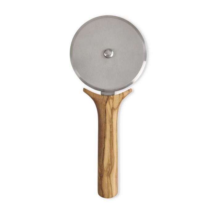 Olivewood Pizza Wheel featuring a sleek blade and wooden handle, ideal for slicing pizzas, from Athens Cooks kitchen store.