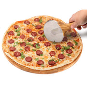 Hand using Olivewood Pizza Wheel to slice pepperoni pizza, showcasing the quality kitchen tools offered by Athens Cooks.