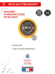 Peugeot | Bistro Salt Mill, Saffron: Features a rock salt mechanism with lifetime warranty, designed by Peugeot for optimal grinding of 4 mm rock salt crystals. Made in France.