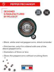 Peugeot | Bistro Pepper Mill, Forest Green: Features cut-away of steel grinder for pepper, with lifetime warranty. Designed for fine dining; made in France.