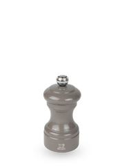 Peugeot | Bistro Pepper Mill, Smoked Grey: Glossy gray beechwood mill with a metal knob for grind adjustment and Peugeot lion logo, ideal for fresh peppercorn grinding.