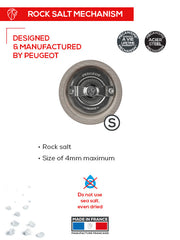 Peugeot | Bistro Salt Mill, Smoked Grey, featuring a stainless-steel grinding mechanism marked “Peugeot France”, designed for rock salt crystals, with a lifetime warranty. Made in France.