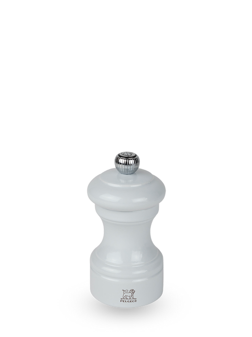 Peugeot | Bistro Pepper Mill, Pearl Grey, featuring a flared-waist design with a metal adjustment knob and Peugeot lion logo, ideal for elegant kitchen settings.