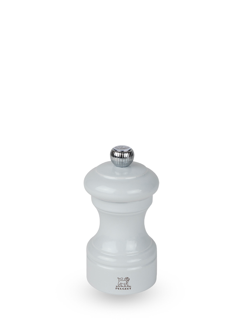 Peugeot | Bistro Salt Mill, Pearl Grey, featuring a classic glossy white finish with a chrome adjustment knob, ideal for a stylish kitchen setup.