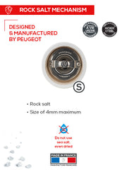 Peugeot | Bistro Salt Mill, Pearl Grey: Close-up of stainless-steel rock salt mechanism, lifetime warranty, for rock-salt crystals up to 4mm. Designed in France.