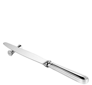 Christofle | Uni 2 Knife / Chopstick Rests, Silver Plated: A polished metal dinner knife rests on a matching metal knife-rest, ideal for elegant table settings.