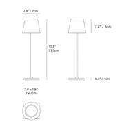 Zafferano America - Poldina Pro Micro Cordless Lamp: Sand, depicted in a technical diagram showing its sleek, minimalist design with a long metal pole and circular base.