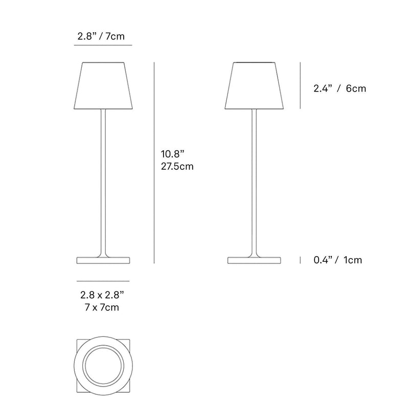 Zafferano America - Poldina Pro Micro Cordless Lamp: Sand, depicted in a technical diagram showing its sleek, minimalist design with a long metal pole and circular base.