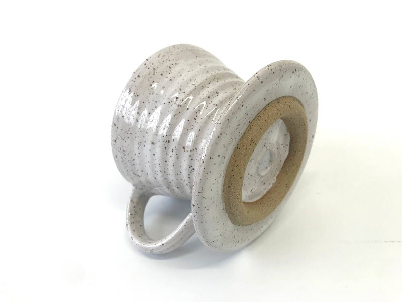 RachaelPots - Coffee Pour Over Cone W/Handle: Light Blue, speckled stoneware, handcrafted, fits most mugs, ridged interior for filters, microwave, and dishwasher safe, made in Brooklyn.