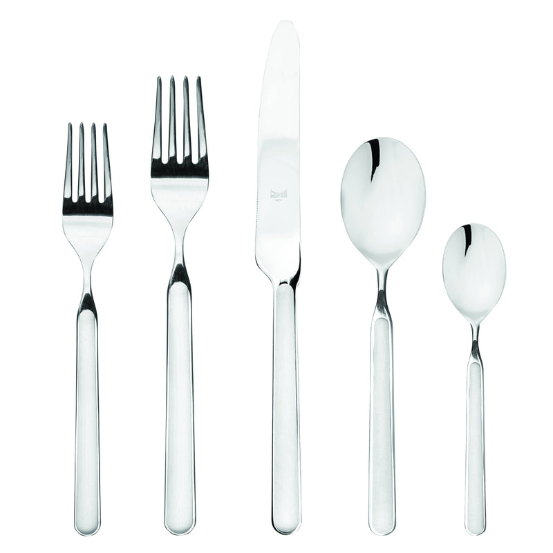 Mepra SPA - Place Set 5 Pcs Fantasia: Light Blue, featuring a high-quality stainless steel fork, spoon, and knife with durable resin handles and double serration.