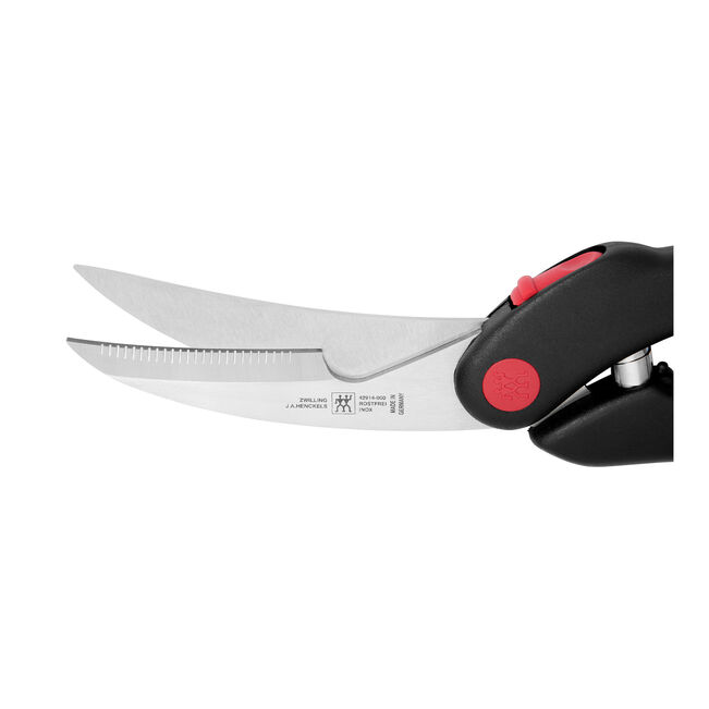 J.A. Henckels | Deluxe Serrated Poultry Shears with ergonomic black handles, designed for precise poultry cutting, showcased in a close-up view.