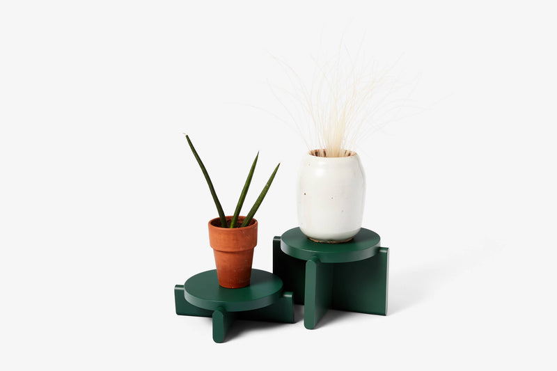 Areaware - Pedestal Set - Green, featuring two beechwood pedestals displaying potted plants, ideal for showcasing kitchen-related products or decor items.