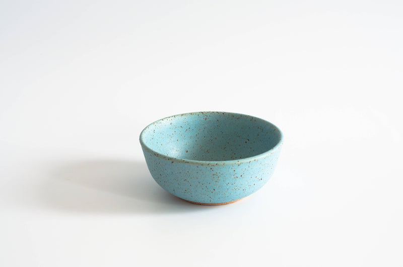 RachaelPots - Breakfast Bowl: Sage, a shallow, speckled aqua ceramic bowl, perfect for morning meals or kitchen prep, hand-thrown in Brooklyn.