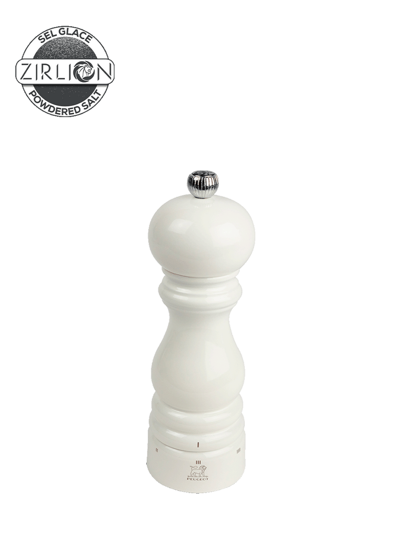 Peugeot | Paris u'Select Ivory Lacquered Salt Mill, featuring an hourglass shape, metal knob, and Peugeot lion crest, ideal for precision seasoning with Zirlion zirconia mechanism.