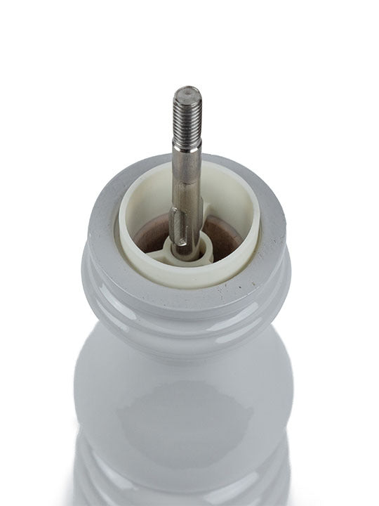 Interior view of Peugeot | Paris U'Select Salt Mill, Pearl Grey, showcasing its central threaded shaft and grinding-burr housing, designed for precise salt texture control.