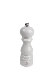 Peugeot | Paris U'Select Salt Mill, Pearl Grey, wooden grinder with a pearl gray lacquer finish, features adjustable settings and a durable Zirconia mechanism for fine to coarse salt.