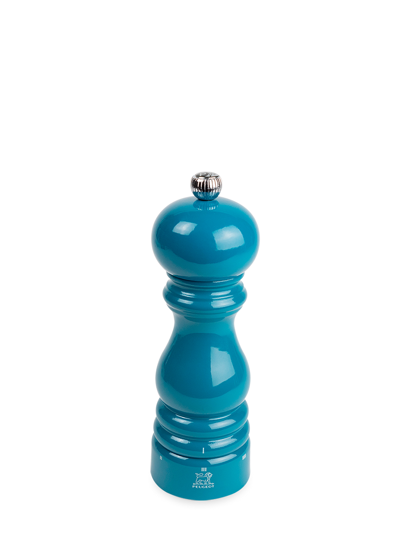Peugeot | Paris u'Select Pacific Blue Lacquered Pepper Mill, 7 inches, featuring a glossy finish with a metal adjustment knob, designed for optimal peppercorn grinding.